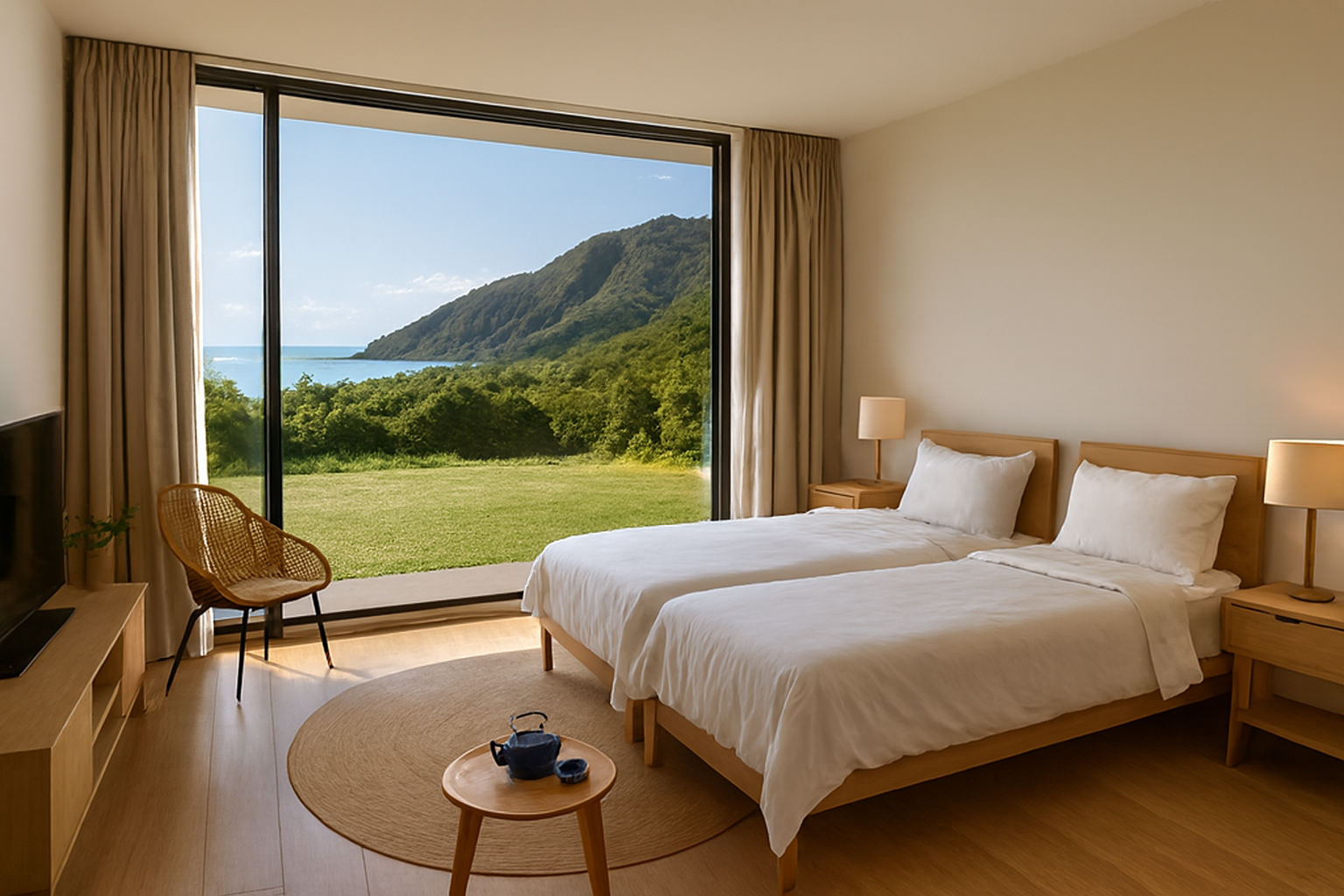 夢幻山景房：雙人床與 180 度海景窗