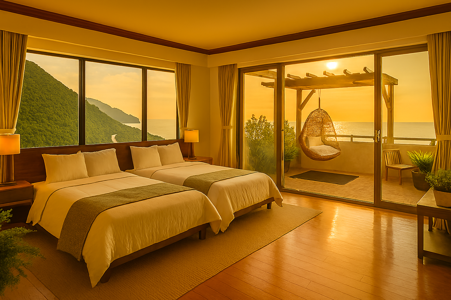 天空陽台家庭房：陽台外的夕照與庭院